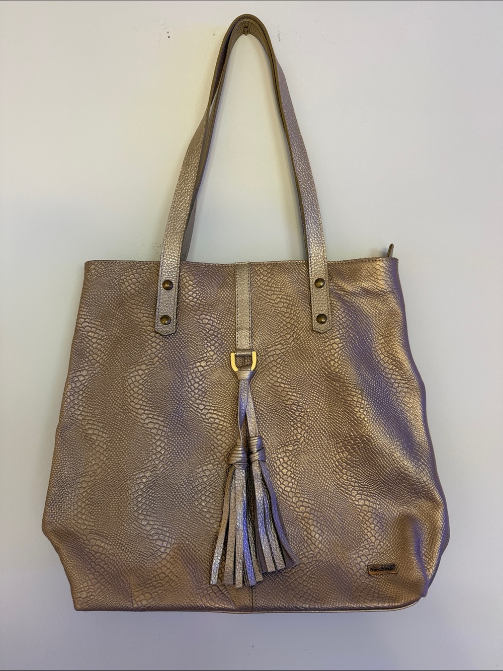 Metallic Taupe Tote with Tassel Accent